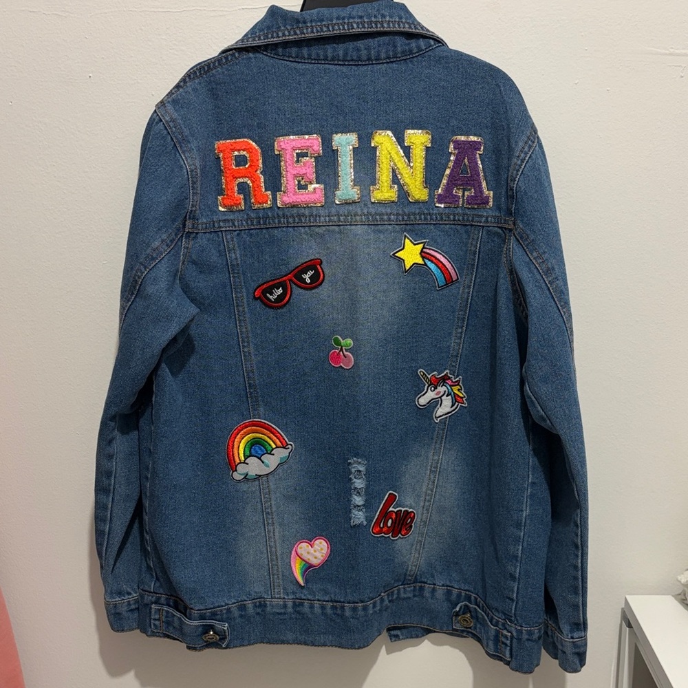 Lola + The Boys size 11-12 Kids Denim Jacket with Colorful Patches “REINA”